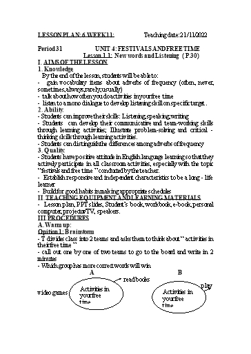 Kế hoạch bài dạy Tiếng Anh 6 - Tuần 11, Unit 4: Festivals and free time - Leson 1.1 - Năm học 2022-2023 - Trường THCS Trần Kim Xuyến