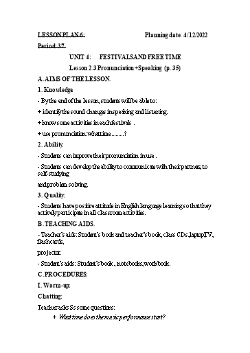 Kế hoạch bài dạy Tiếng Anh 6 - Tuần 13, Unit 4: Festivals and free time - Lesson 2.3 - Năm học 2022-2023 - Trường THCS Trần Kim Xuyến