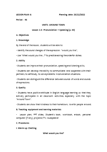 Kế hoạch bài dạy Tiếng Anh 6 - Tuần 16, Unit 5: Around town - Leson 2.3 - Năm học 2022-2023 - Trường THCS Trần Kim Xuyến