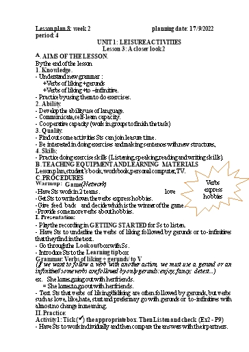 Kế hoạch bài dạy Tiếng Anh 6 - Tuần 2, Unit 1: Leisure activities - Năm học 2022-2023 - Trường THCS Trần Kim Xuyến