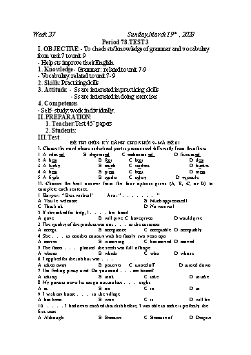 Kế hoạch bài dạy Tiếng Anh 6 - Tuần 27, Tiết 78: Test 3 - Năm học 2022-2023 - Trường THCS Trần Kim Xuyến