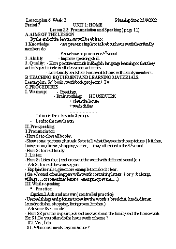 Kế hoạch bài dạy Tiếng Anh 6 - Tuần 3, Unit 1: Home - Lesson 2.3 - Năm học 2022-2023 - Trường THCS Trần Kim Xuyến