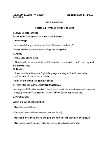 Kế hoạch bài dạy Tiếng Anh 6 - Tuần 9, Unit 3: Friends - Lesson 2.3 - Năm học 2022-2023 - Trường THCS Trần Kim Xuyến
