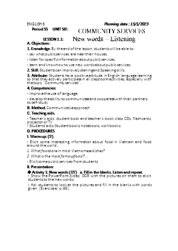 Kế hoạch bài dạy Tiếng Anh 6 - Unit 6: Community service - Lesson 1 - Năm học 2022-2023 - Trường THCS Trần Kim Xuyến