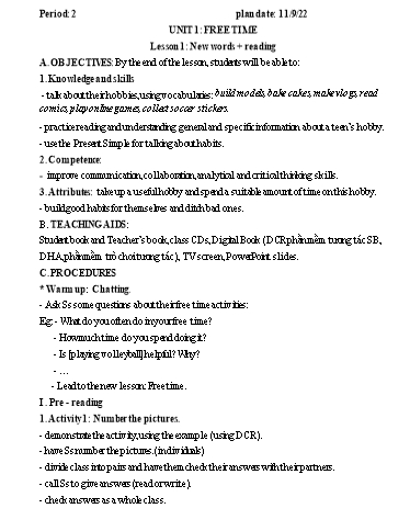 Kế hoạch bài dạy Tiếng Anh 7 - Unit 1: Free time - Lesson 1 - Năm học 2022-2023 - Trường THCS Trần Kim Xuyến