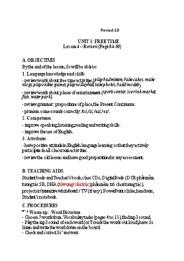 Kế hoạch bài dạy Tiếng Anh 7 - Unit 1: Free time - Lesson - Trường THCS Trần Kim Xuyến