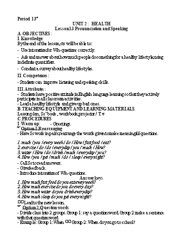 Kế hoạch bài dạy Tiếng Anh 7 - Unit 2: Healthy - Lesson 1.3 - Trường THCS Trần Kim Xuyến