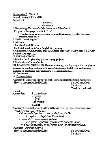 Kế hoạch bài dạy Tiếng Anh 8 - Review 2 - Năm học 2022-2023 - Trường THCS Trần Kim Xuyến