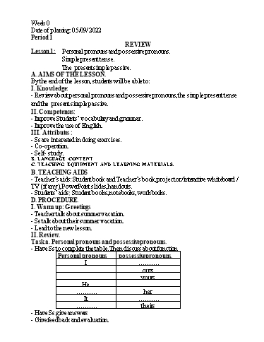 Kế hoạch bài dạy Tiếng Anh 8 - Review - Năm học 2022-2023 - Trường THCS Trần Kim Xuyến