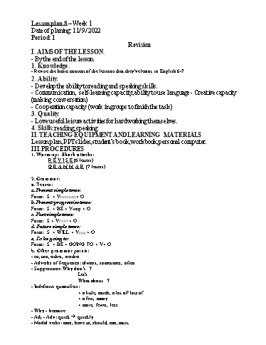 Kế hoạch bài dạy Tiếng Anh 8 - Revision - Năm học 2022-2023 - Trường THCS Trần Kim Xuyến