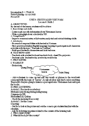 Kế hoạch bài dạy Tiếng Anh 8 - Tuần 14 - Unit 5: Festivals in viet nam - Lesson 6 - Năm học 2022-2023 - Trường THCS Trần Kim Xuyến