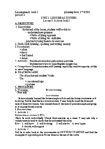 Kế hoạch bài dạy Tiếng Anh 8 - Tuần 2, Unit 1: Leisure activities - Lesson 3 - Năm học 2022-2023 - Trường THCS Trần Kim Xuyến
