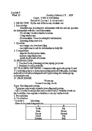 Kế hoạch bài dạy Tiếng Anh 8 - Tuần 22, Unit 8: Tourism - Lesson 6 - Năm học 2022-2023 - Trường THCS Trần Kim Xuyến