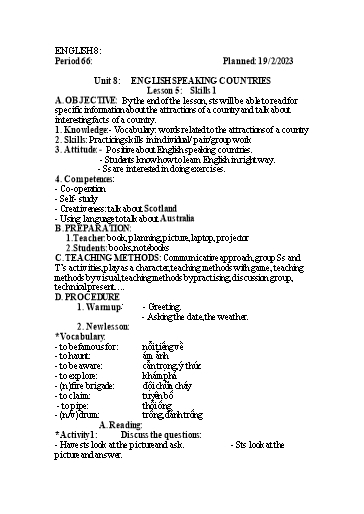 Kế hoạch bài dạy Tiếng Anh 8 - Tuần 23, Unit 8: English speaking countries - Lesson 5 - Năm học 2022-2023 - Trường THCS Trần Kim Xuyến