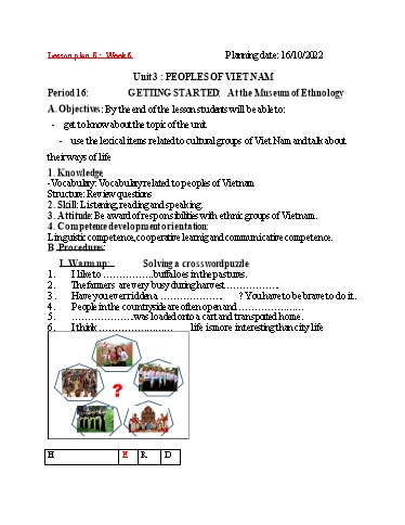 Kế hoạch bài dạy Tiếng Anh 8 - Tuần 6, Unit 3: Peoples of Viet Nam - Năm học 2022-2023 - Trường THCS Trần Kim Xuyến