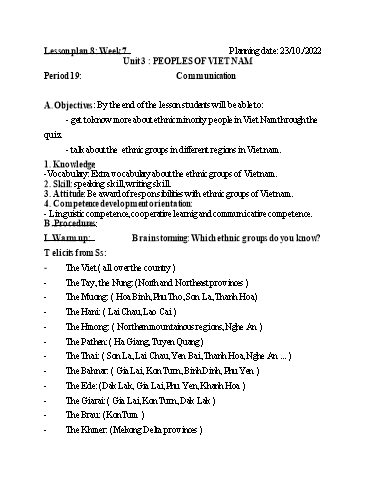Kế hoạch bài dạy Tiếng Anh 8 - Tuần 7, Unit 3: Peoples of Viet Nam - Năm học 2022-2023 - Trường THCS Trần Kim Xuyến