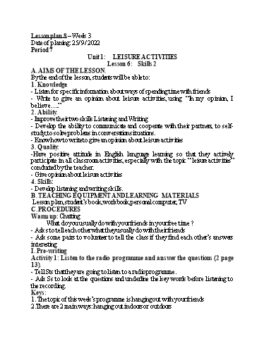 Kế hoạch bài dạy Tiếng Anh 8 - Unit 1: Leisure activities - Lesson 6 - Năm học 2022-2023 - Trường THCS Trần Kim Xuyến