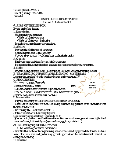 Kế hoạch bài dạy Tiếng Anh 8 - Unit 1: Leisure activities - Lesson 3 - Năm học 2022-2023 - Trường THCS Trần Kim Xuyến