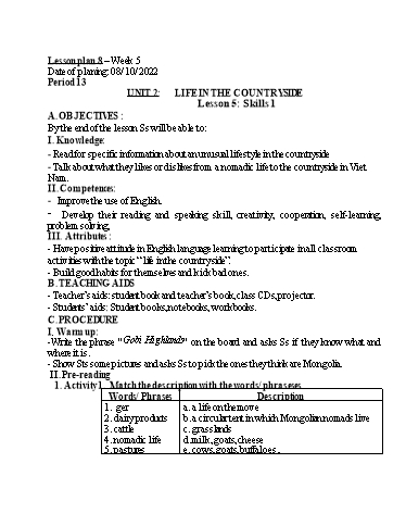 Kế hoạch bài dạy Tiếng Anh 8 - Unit 2: Life in the countryside - Lesson 5 - Năm học 2022-2023 - Trường THCS Trần Kim Xuyến