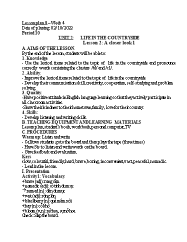 Kế hoạch bài dạy Tiếng Anh 8 - Unit 2: Life in the countryside - Lesson 2 - Năm học 2022-2023 - Trường THCS Trần Kim Xuyến