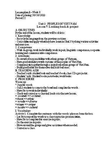 Kế hoạch bài dạy Tiếng Anh 8 - Unit 3 : Peoples of Viet Nam - Lesson 7 - Năm học 2022-2023 - Trường THCS Trần Kim Xuyến