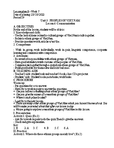 Kế hoạch bài dạy Tiếng Anh 8 - Unit 3 : Peoples of viet nam - Lesson 4 - Năm học 2022-2023 - Trường THCS Trần Kim Xuyến