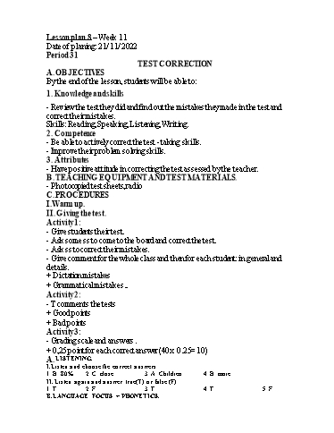 Kế hoạch bài dạy Tiếng Anh 8 - Unit 3 : Test correction - Năm học 2022-2023 - Trường THCS Trần Kim Xuyến