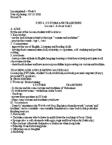 Kế hoạch bài dạy Tiếng Anh 8- Unit 4: Customs and traditions - Lesson 2 - Năm học 2022-2023 - Trường THCS Trần Kim Xuyến