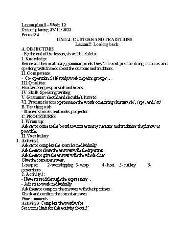 Kế hoạch bài dạy Tiếng Anh 8 - Unit 4: Customs and traditions - Lesson 7 - Năm học 2022-2023 - Trường THCS Trần Kim Xuyến