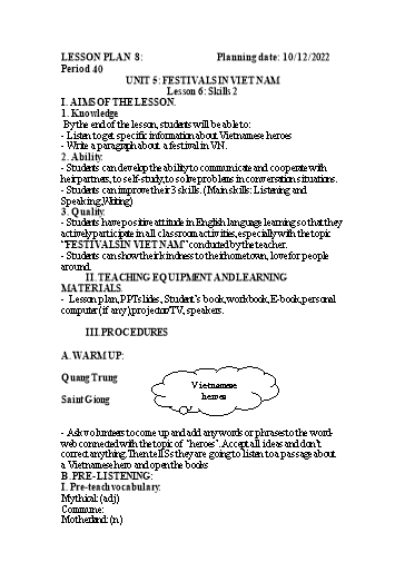 Kế hoạch bài dạy Tiếng Anh 8 - Unit 5: Festivals in Viet Nam - Lesson 6 - Năm học 2022-2023 - Trường THCS Trần Kim Xuyến