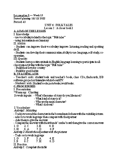 Kế hoạch bài dạy Tiếng Anh 8 - Unit 6 : Folk tales - Lesson 2 - Năm học 2022-2023 - Trường THCS Trần Kim Xuyến
