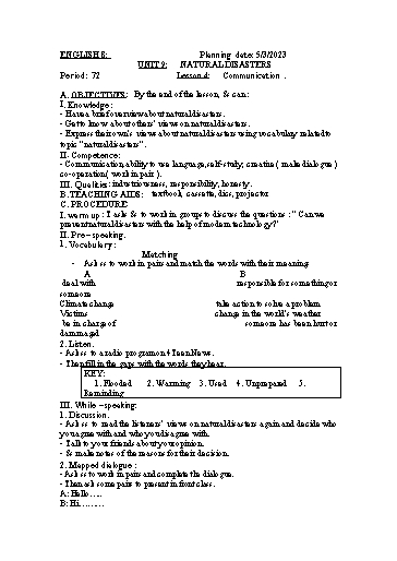 Kế hoạch bài dạy Tiếng Anh 8 - Unit 9: Natural disasters - Lesson 4 - Năm học 2022-2023 - Trường THCS Trần Kim Xuyến