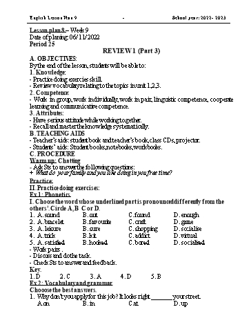 Kế hoạch bài dạy Tiếng Anh 9 - Review 1 - Năm học 2022-2023 - Trường THCS Trần Kim Xuyến