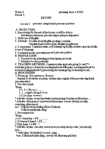Kế hoạch bài dạy Tiếng Anh 9 - Review - Lesson 1 - Năm học 2022-2023 - Trường THCS Trần Kim Xuyến
