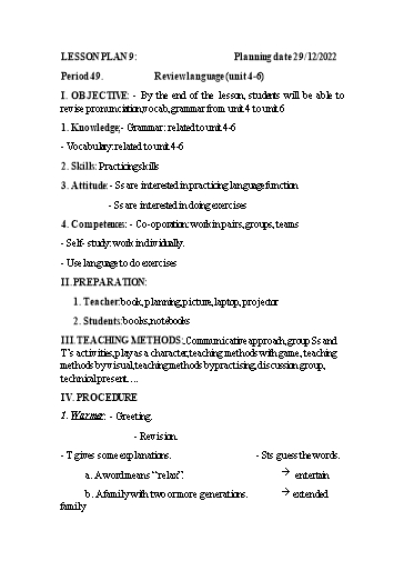 Kế hoạch bài dạy  Tiếng Anh 9 - Tuần 17, Tiết 49: Review language (Unit 4-6) - Năm học 2022-2023 - Trường THCS Trần Kim Xuyến