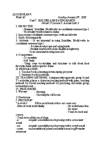 Kế hoạch bài dạy Tiếng Anh 9 - Tuần 20 - Unit 7: Recipes and eating habits - Lesson 3 - Năm học 2022-2023 - Trường THCS Trần Kim Xuyến