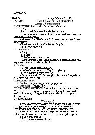 Kế hoạch bài dạy Tiếng Anh 9 - Tuần 24, Unit 9: English in the world - Lesson 1 - Năm học 2022-2023 - Trường THCS Trần Kim Xuyến