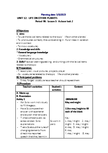 Kế hoạch bài dạy Tiếng Anh 9 - Tuần 31, Unit 12: Life on other planets - Lesson 3 - Năm học 2022-2023 - Trường THCS Trần Kim Xuyến