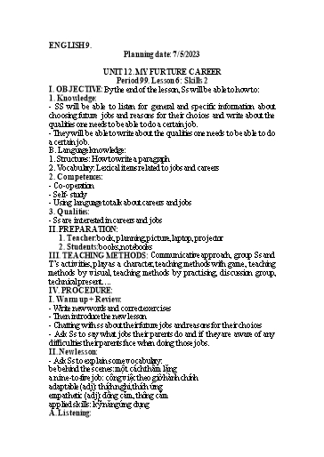 Kế hoạch bài dạy Tiếng Anh 9 - Tuần 34, Unit 12: My furture career - Lesson 6 - Năm học 2022-2023 - Trường THCS Trần Kim Xuyến