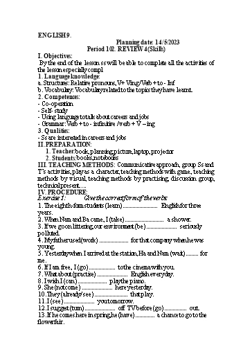 Kế hoạch bài dạy Tiếng Anh 9 - Tuần 35, Tiết 102: Review 4 - Năm học 2022-2023 - Trường THCS Trần Kim Xuyến