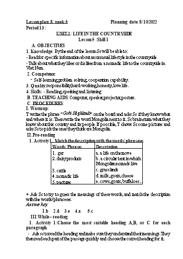 Kế hoạch bài dạy Tiếng Anh 9 - Tuần 4, Unit 2: City in the countryside - Lesson 5 - Năm học 2022-2023 - Trường THCS Trần Kim Xuyến