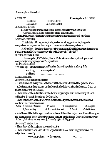 Kế hoạch bài dạy Tiếng Anh 9 - Tuần 4, Unit 2: City life - Lesson 2.3 - Năm học 2022-2023 - Trường THCS Trần Kim Xuyến