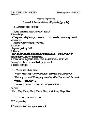 Kế hoạch bài dạy Tiếng Anh 9 - Tuần 8, Unit 3: Friends - Lesson 1.3 - Năm học 2022-2023 - Trường THCS Trần Kim Xuyến