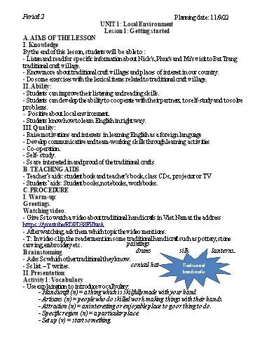 Kế hoạch bài dạy Tiếng Anh 9 - Unit 1: Local Enviroment - Lesson 1 - Năm học 2022-2023 - Trường THCS Trần Kim Xuyến