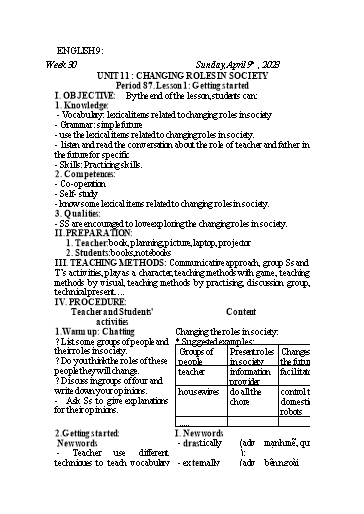 Kế hoạch bài dạy Tiếng Anh 9 - Unit 11: Changing roles in society - Lesson 1 - Năm học 2022-2023 - Trường THCS Trần Kim Xuyến