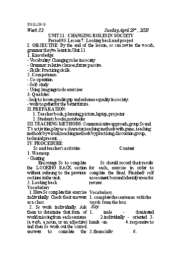 Kế hoạch bài dạy Tiếng Anh 9 - Unit 11: Changing roles in society - Lesson 7 - Năm học 2022-2023 - Trường THCS Trần Kim Xuyến