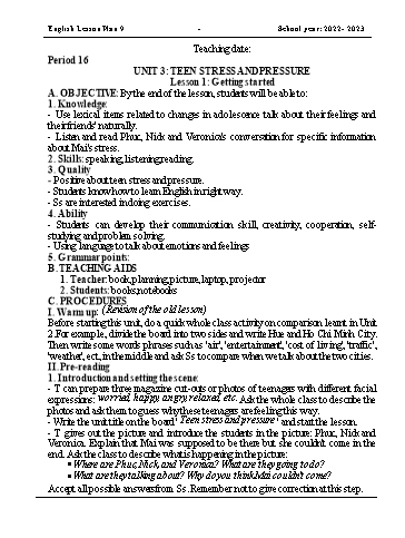 Kế hoạch bài dạy Tiếng Anh 9 - Unit 3: Teen stress and pressure, Lesson 1 - Năm học 2022-2023 - Trường THCS Trần Kim Xuyến