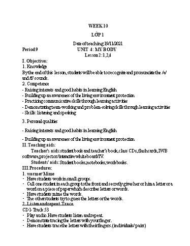 Kế hoạch bài dạy Tiếng Anh Lớp 1 (CV2345) - Tuần 10 - Unit 4: My body, Lesson 2 - Năm học 2021-2022 - Phan Thị Phương Thanh