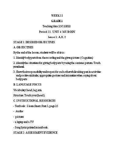 Kế hoạch bài dạy Tiếng Anh Lớp 1 (CV2345) - Tuần 11 - Unit 4: My body, Lesson 1 - Năm học 2022-2023 - Phan Thị Phương Thanh