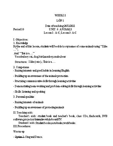 Kế hoạch bài dạy Tiếng Anh Lớp 1 (CV2345) - Tuần 11 - Unit 5: Annimals, Lesson 1 - Năm học 2021-2022 - Phan Thị Phương Thanh